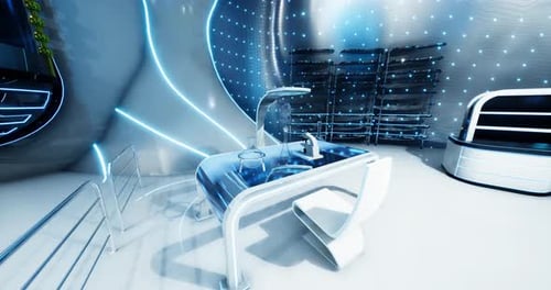 Futuristic Science Laboratory Interior with Glowing Blue Lights
