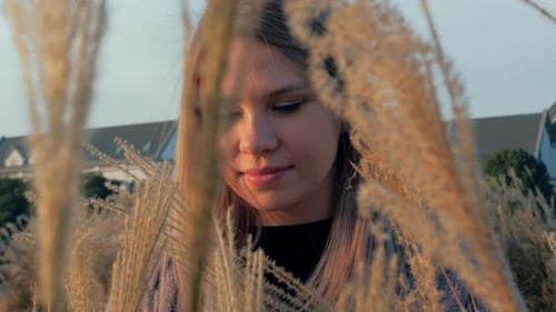 Portrait of Beautiful Young Woman with Flowers in the Field Golden Hour