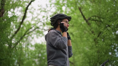 Bike Rider Watches Woodland Scenery Pedal Traveler Pauses Beneath Green Canopies Bicycle Explorer