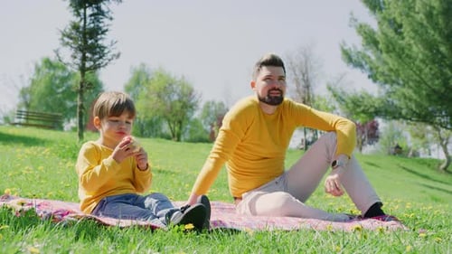 Father and Son Having Picnic in Green Park