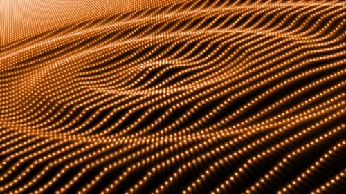 Abstract yellow orange waves streaks circles of particles and dots futuristic rhythmic glowing magic