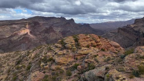 Aerial view of desert mountains and rock formations, United States.