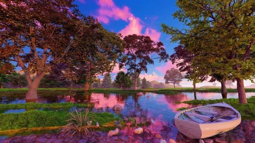 An old boat by the lake shore and a beautiful sunset - HD