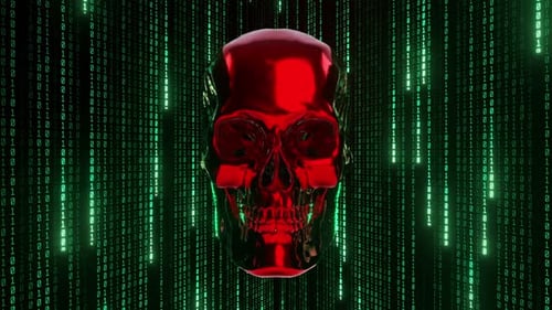 Digital Red Skull with Green Binary Code Background