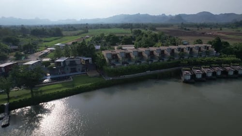 Aerial View of River Kwai and Floating Houses in Kanchanaburi Province Thailand