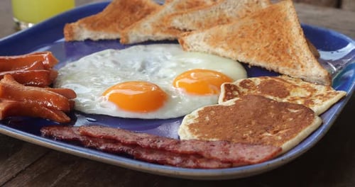 Breakfast Plate with Eggs, Toast, Bacon, Sausage and Pancakes