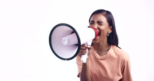 Megaphone, protest or woman shouting in studio on white background for freedom or change