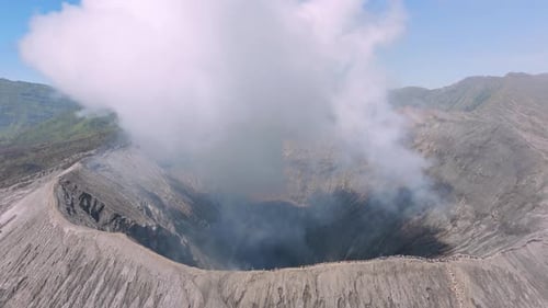 Aerial shot of mouth of active volcano Mount Bromo, East Java