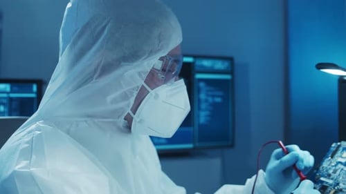 Microelectronics Engineer Works in a Modern Scientific Laboratory on Computing Systems and