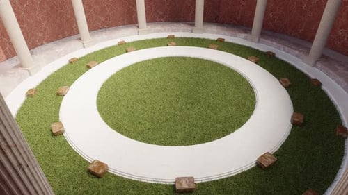 Interior of Circular Courtyard with Columns and Grass Lawn 3d Animation