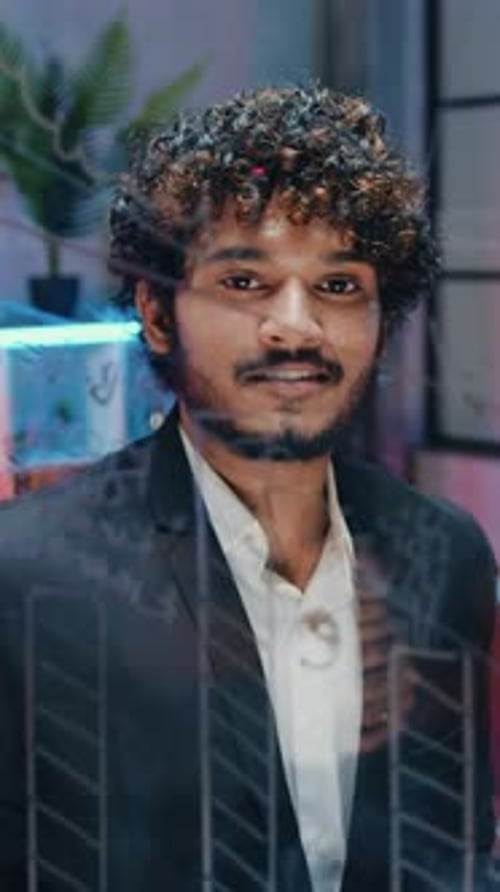 View Through Glass Board on Likable Positive Confident Professional Curly Bearded Arabian Office