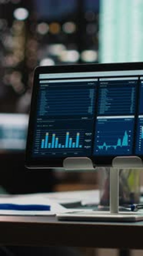 Vertical Video Empty Space in a Multinational Company Showcases Data Insights Late at Night
