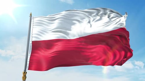 Realistic Waving Flag of Poland in Bright Blue Sky