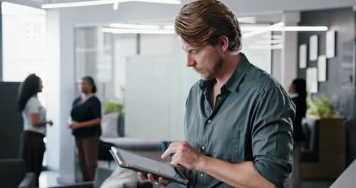 Reflection, typing or man in office with tablet, draft insight or source feedback for article