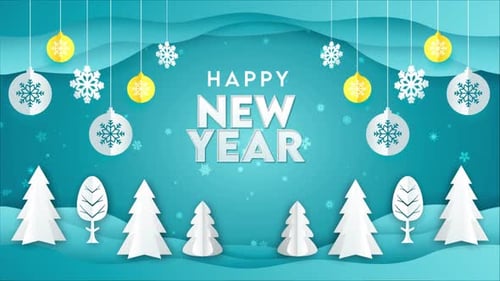 Animated Paper Cut Winter Scene with Happy New Year Text Reveal