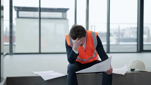 Stressed Architect in Suit and Safety Vest Reviews Blueprints Feeling Frustrated in Modern Office