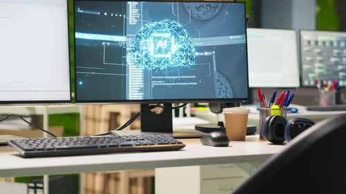 Primer plano de una oficina vacía de una startup tecnológica con programas de inteligencia artificial