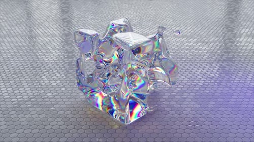Concepto abstracto La sustancia transparente del arco iris toma la forma de un cubo, luz de neón, piso brillante