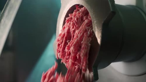 Close-up of minced meat falling out of meat grinder