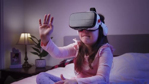 Neon VR Girl Gamer Smiling In Virtual Reality Studio