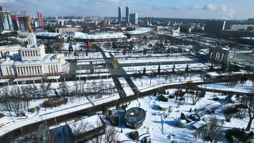 Top view of square with historical building in winter