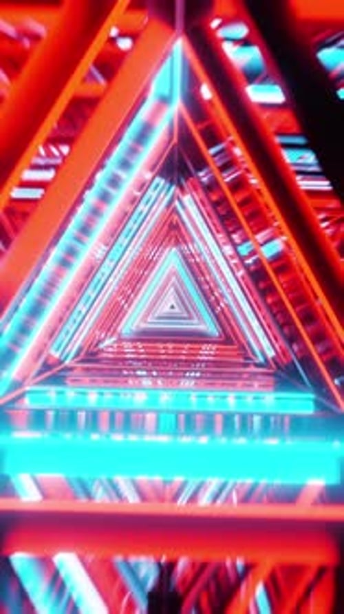 Motion graphic of flying into rotation triangle digital tunnel. Vertical looped video