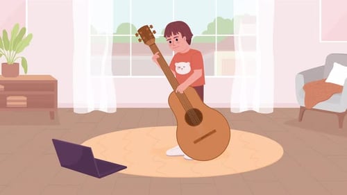 Animated Child Learning Guitar with Laptop