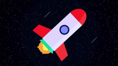 Vibrant rocket soaring through starry night sky with fiery trail