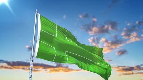 Realistic Green Flag Waving in Blue Sky with Grid Pattern