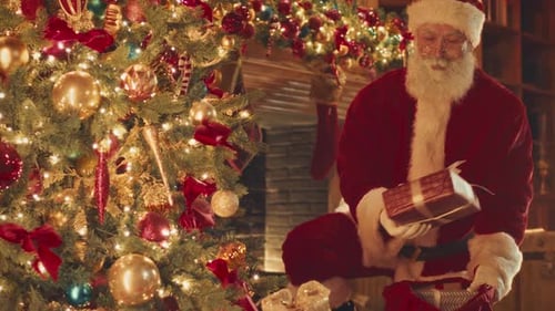 Santa Placing Presents in Bag by Christmas Tree