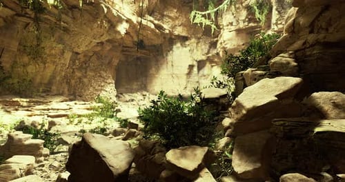 Exploring a Mystical Cave Filled with Vibrant Foliage and Ancient Rocks