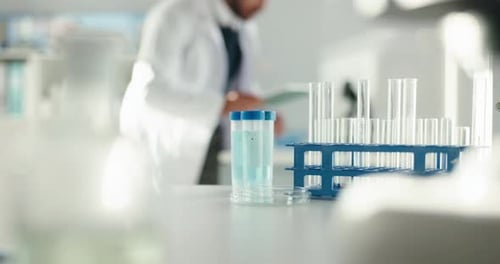 Laboratory, science and test tube with medical liquid for research, experiment and chemistry