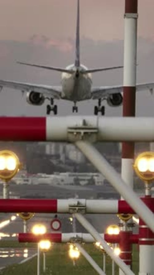 The Airplane Gracefully Lands at the Bustling Airport Featuring Vibrant Navigation Lights
