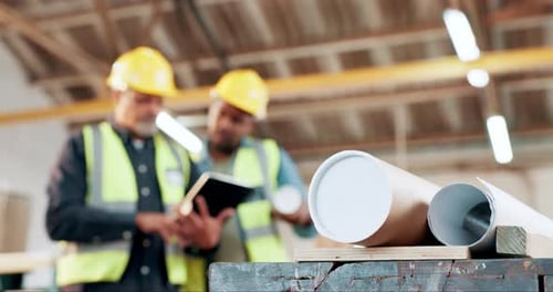 Construction, blueprint and planning architecture with tablet, teamwork and development of building