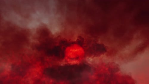Flug durch Wolken in großer Höhe mit orange-rotem Sonnenuntergang, nahtloser Schleife, sich wiederholender Zeitraffer b