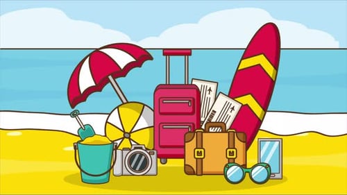 Animated Flat Design Travel and Beach Items Composition