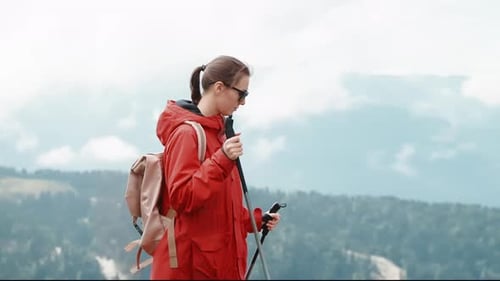 Woman Backpacking on Mount Top Admiring Beautiful Landscapes and Enjoying Life Healthy Lifestyle