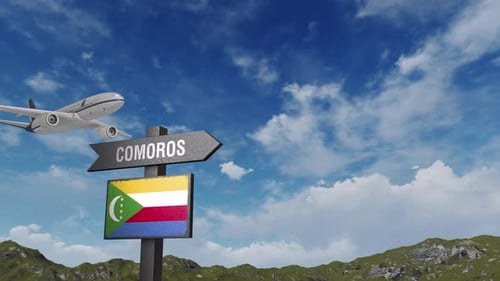 Comoros Flag With Airplane And Arrow Sign