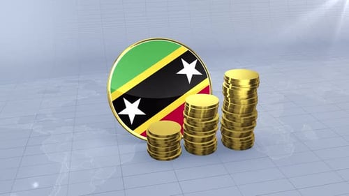 Saint Kitts And Nevis Flag With Plain Gold Coins Tower