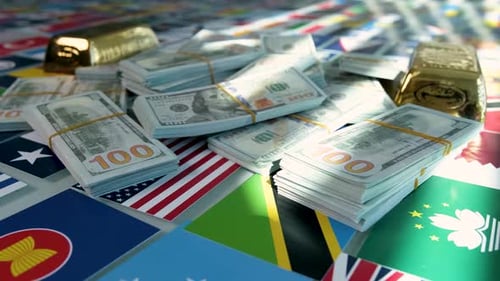 Wealth Represented by Money and Gold Over World Flags