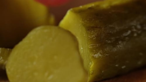 Pickle Sliced on a Cutting Board, Close-Up
