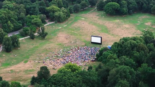 Vue aérienne de personnes méconnaissables se rassemblant pour regarder un film à Prospect Park