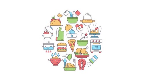 Animación circular conceptual de íconos de cocina