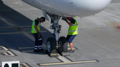 Maintenance crew inspects aircraft landing gear at airport during daytime