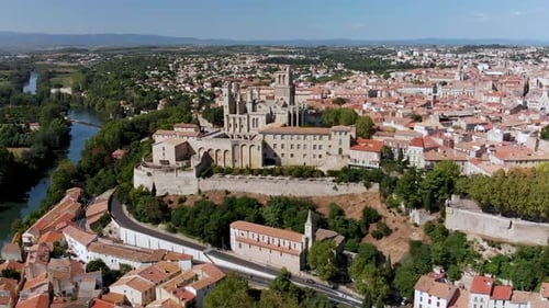 Pull back drone shot of a beautiful medieval cathedral