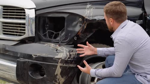 Portrait of Upset Man Sitting on Road Near Wrecked Broken Car After Car Crash
