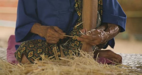 Local Villager At Bo Sang Umbrella Workshop Near Chiang Mai, Thailand. Close-up Shot