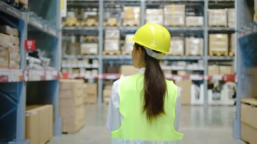 Woman warehouse worker doing stocktaking of products management in cardboard box on shelves