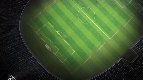 Top Panorama of Soccer Stadium with Spectators and Players