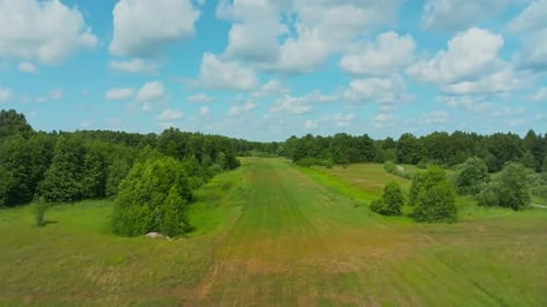 Flug über einen ländlichen Flugplatz, umgeben von Bäumen. Blauer Himmel.
